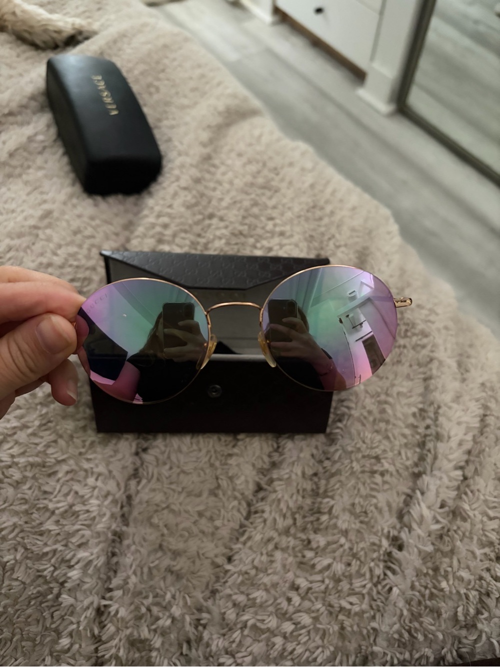 Gucci Gold Frame Sunglasses with Pink and Green Mirror Lenses
